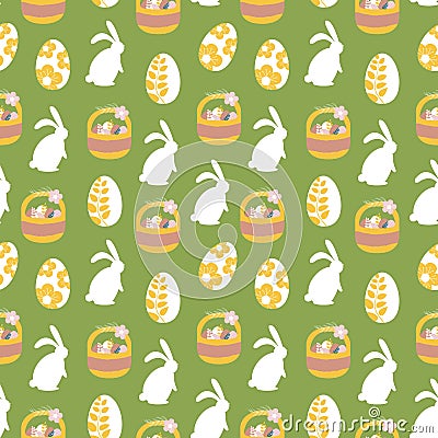 Seamless Easter pattern with white rabbits, decorative painted eggs, Easter baskets. Pattern on a green background for printing. Vector Illustration