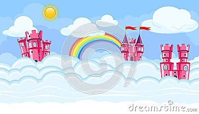 Seamless editable celestial cloudscape with pink castles for game design Vector Illustration