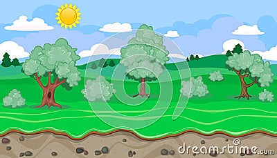 Seamless editable green rural landscape for game design Vector Illustration