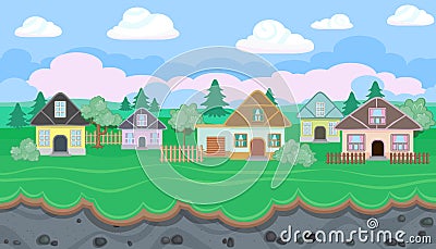 Seamless editable landscape of village for game design Vector Illustration