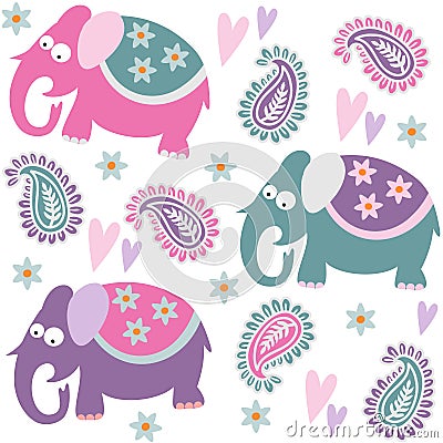 Seamless elephant kids pattern wallpaper background with flowers and heart, illustration Cartoon Illustration