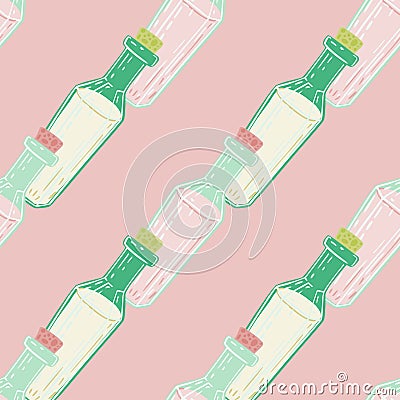 Seamless elixir pattern with white and green bottles. Pink pastel background. Withcraft print. Vector Illustration