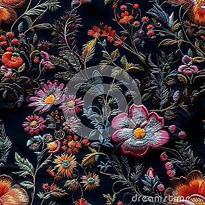 Seamless embroidery floral abstract fantasy luxury fabric pattern design created with Generative AI technology Stock Photo