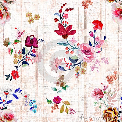 Seamless Embroidery Floral Design on Colored Background, Flowers Pattern Ready for Textile Prints. Stock Photo