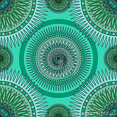 Seamless emerald pattern with oriental mandalas. Islam, Arabic, Asian motifs. Kaleidoscope print. Vintage lace mood Vector Illustration