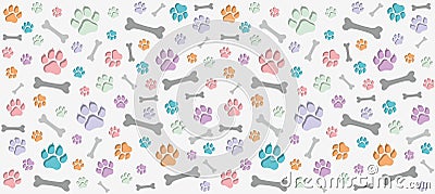 Seamless endless pattern of traces of dog paws. Dog legs and bones. Children`s colorful warm design. Vector Illustration