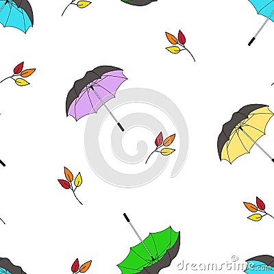 seamless, endless vector autumn pattern, umbrellas and branches. on a white background. Vector Illustration