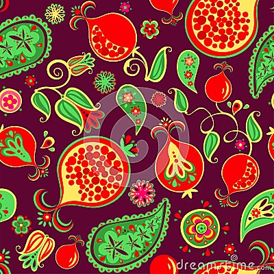 Seamless ethnic decorative oriental pattern with pomegranate juicy fruits, leaves and flowers on dark background for fashion print Vector Illustration
