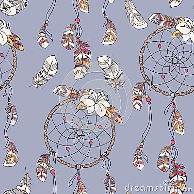 Seamless ethnic ornate dreamcatcher pattern Vector Illustration