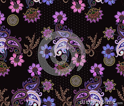 Seamless ethnic pattern with fabulous flowers, paisley and polka dot on black background. Vintage russian, persian, indian motifs Vector Illustration
