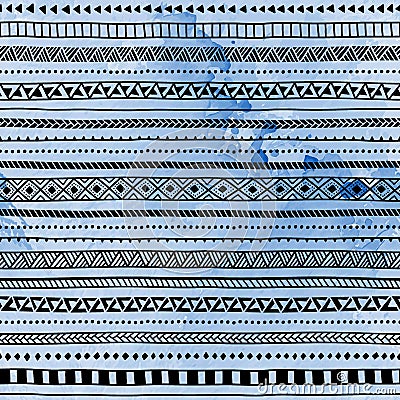 Seamless ethnic pattern. Hand drawn ornament. Blue and black vector illustration. Vector Illustration