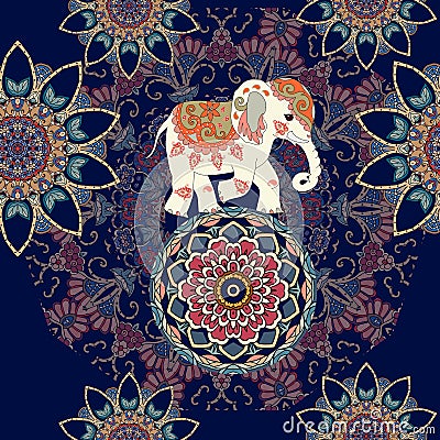 Seamless ethnic pattern with mandala flowers and indian elephant on the ball Stock Photo