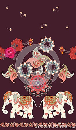 Seamless ethnic vintage pattern with cute cartoon indian elephants, mandala, flowers and paisley ornament on dark brown background Vector Illustration