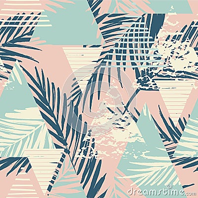 Seamless exotic pattern with palm leaves on geometric background Vector Illustration