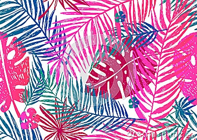 Seamless exotic pattern with pink blue palm leaves on a white background. Vector illustration. Vector Illustration