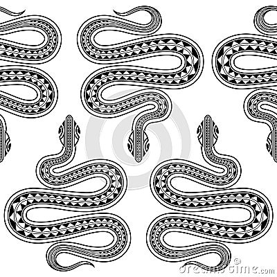 Seamless exotic pattern with snakes maori tattoo style. Animals background. Wildlife art illustration. Vector Illustration