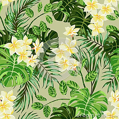 Seamless exotic pattern with tropical leaves and flowers. Vector Illustration