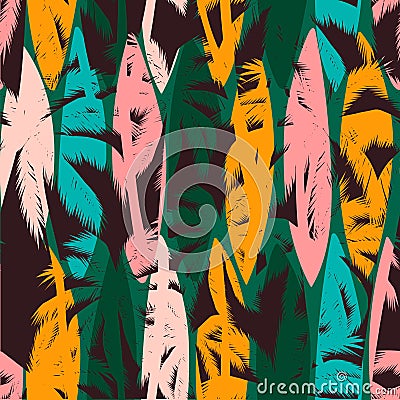 Seamless exotic pattern with tropical palms and artistic background. Vector Illustration