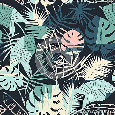 Seamless exotic pattern with tropical plants and artistic background Vector Illustration