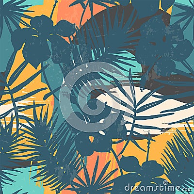 Seamless exotic pattern with tropical plants and artistic background. Vector Illustration