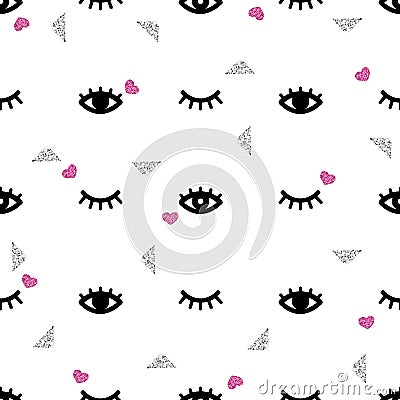 Seamless eye and eyelash with glitter pattern background Vector Illustration