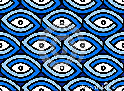 Seamless eye pattern. Impossible figure. Blue and white eyes with contour. Vector Illustration