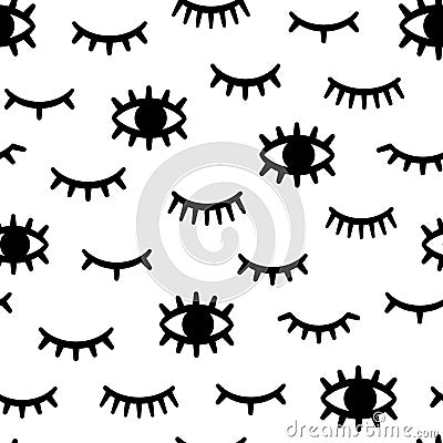 Seamless eyelash pattern. Print with winking, closed and open female eye with long lashes. Woman makeup. Fashion monochrome vector Vector Illustration