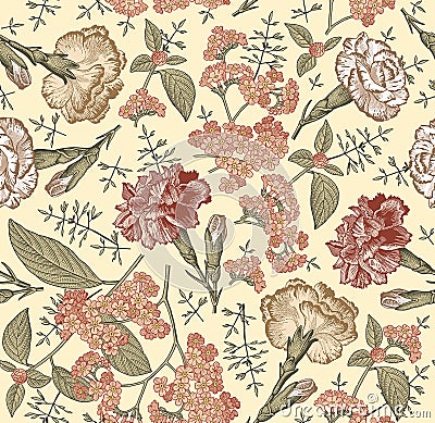 Seamless fabric pattern isolated flowers Vintage background Carnation Wallpaper Drawing engraving Vector Illustration Heliotrope Vector Illustration