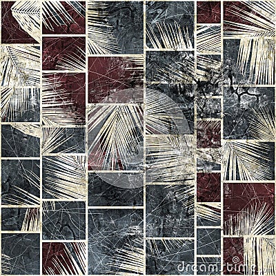 Seamless faded grungy mosaic of palm leaves in rectangles Cartoon Illustration