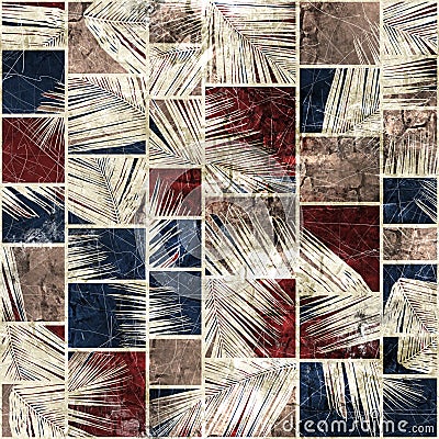Seamless faded grungy mosaic of palm leaves in rectangles Cartoon Illustration