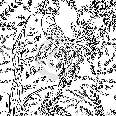 Seamless fairy fantasy garden forest bird sketched pattern Vector Illustration