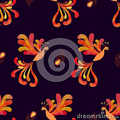 Seamless fairy Firebird Phoenix pattern. Vector Illustration