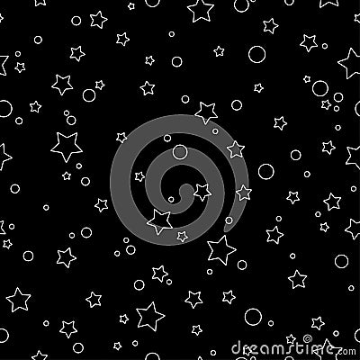 Seamless fairytale pattern with little rounded stars and circles with white outline on black background. Cartoon Illustration