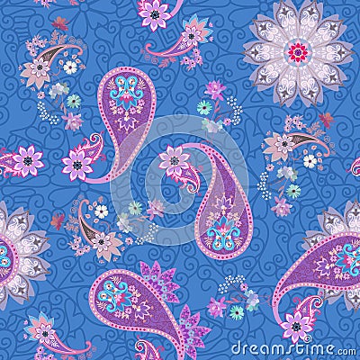 Seamless fantasy pattern with mandala, gentle flowers and paisley on lace blue background Vector Illustration