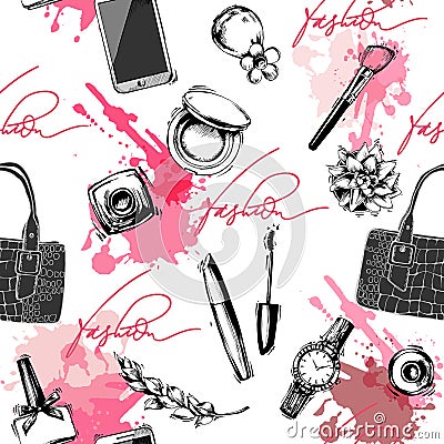 Seamless fashion and cosmetics background with make up artist objects. Vector illustration Vector Illustration