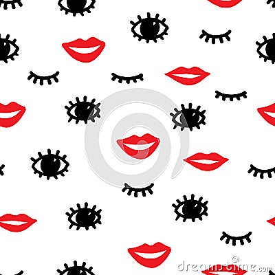 Seamless fashion pattern. Red lips, black eyes and eyelashes on Vector Illustration