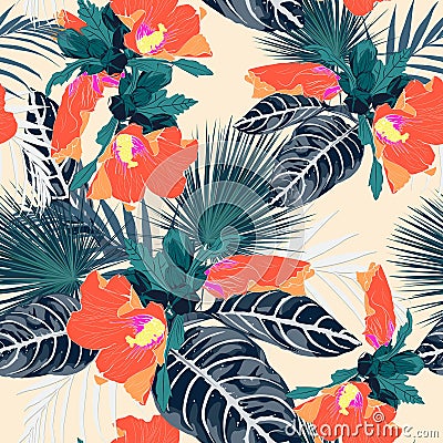 Seamless fashionable abstract graphical hand drawing orange hibiscus flowers and exotic leaves, print on yellow background. Stock Photo