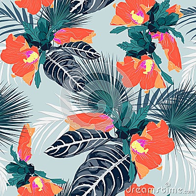 Seamless fashionable abstract graphical hand drawing orange hibiscus flowers print on vintage blue background. Vector Illustration