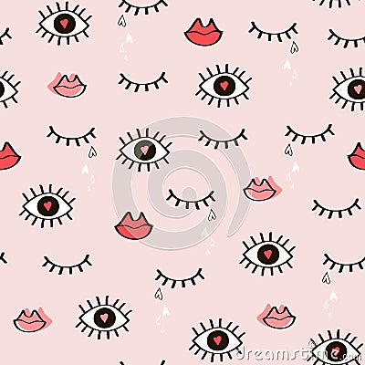 Seamless fashionable pattern of open and closed eyes, lips, hear Vector Illustration