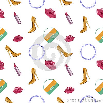 Seamless fashionable vector pattern, chaotic background with shoes, clutches, beads, lipstick and lips, over white backdrop. Vector Illustration