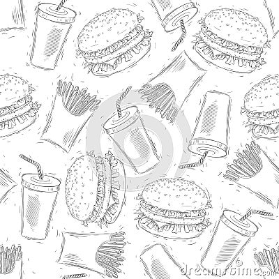 Seamless fast food pattern. Hand drawing. Vector Illustration