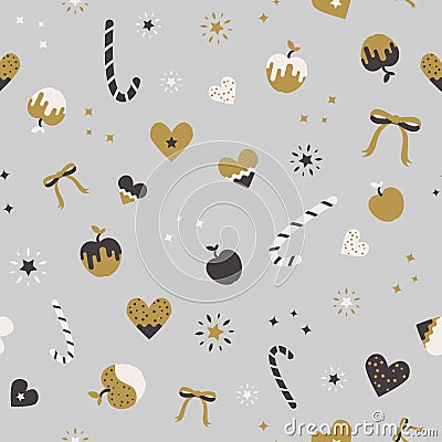 Seamless festive background with christmas sweets and decoration. Vector Illustration