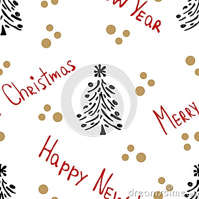 Seamless festive background with decorative Christmas trees and New Year and Christmas lettering. Perfect for presents paper Vector Illustration