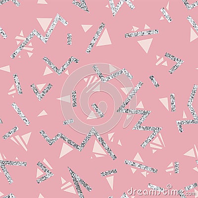 Seamless festive pattern. Silver geometric elements on a pink ba Vector Illustration