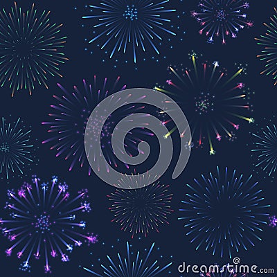 Seamless firework pattern, salute on dark background, vector celebratory gunfire Vector Illustration