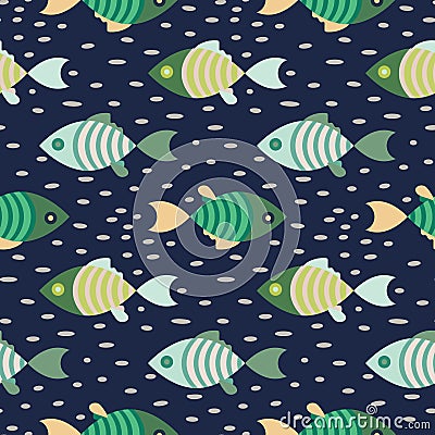 Seamless fish marine pattern dark blue and green repeat background. Vector Illustration