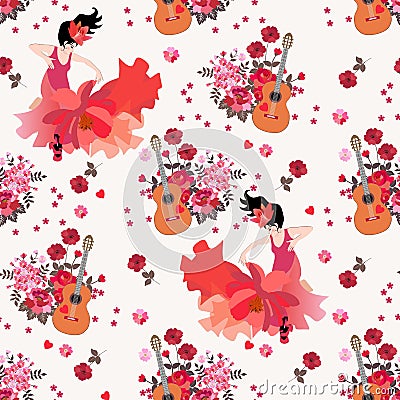 Seamless flamenco background. Dancers in red dresses, acoustic guitar and bouquets of red and pink garden flowers Vector Illustration