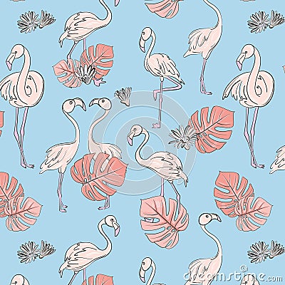 Seamless flamingo and monstera leaves pattern. Exotic tropical decoration. Vector nursery print Vector Illustration