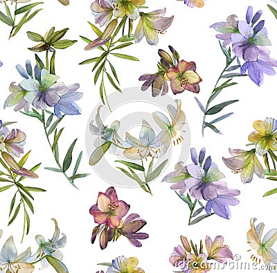 Seamless floral background of delicate lilies, pastel pink-violet colors. Wedding and funeral decor, print for fabric, clothing, Stock Photo