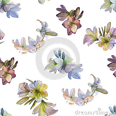 Seamless floral background of delicate lilies, pastel pink-violet colors. Wedding and funeral decor, print for fabric, clothing, Stock Photo